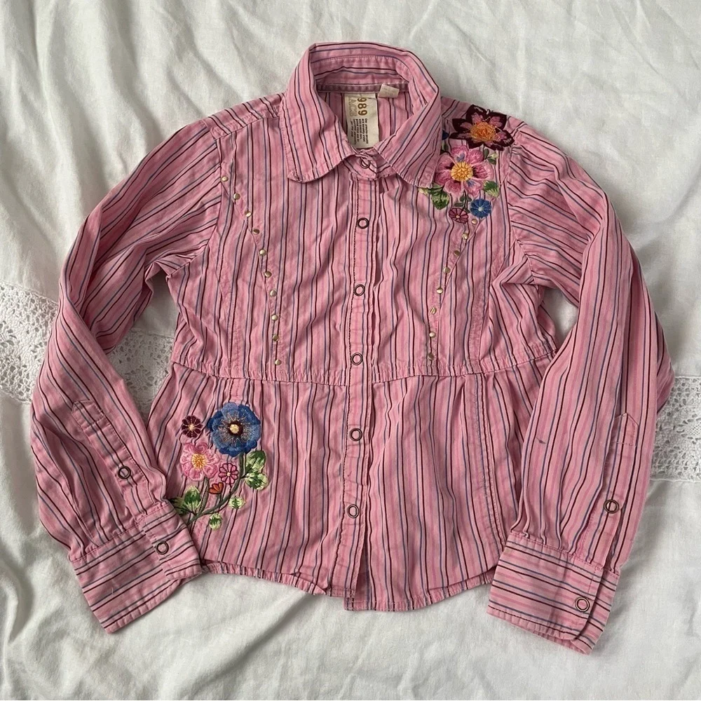 The Childrens Place Medium 7/8 Shirt pink snap Button embroidered western
